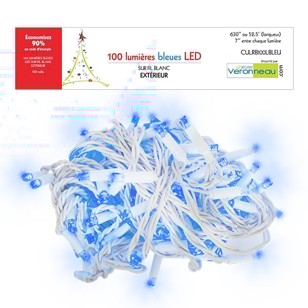 Outdoor 100 blue LED string on white wire, 52,5' - Décors Véronneau