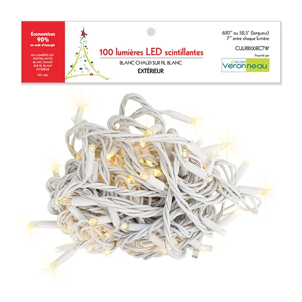 100 lumières de Noël DEL scintillantes, blanc chaud, fil blanc, int/ext, 52.5' - Décors Véronneau