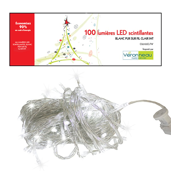 100 lumières de Noël DEL scintillantes, blanc pur, fil clair, int, 52.5' - Décors Véronneau