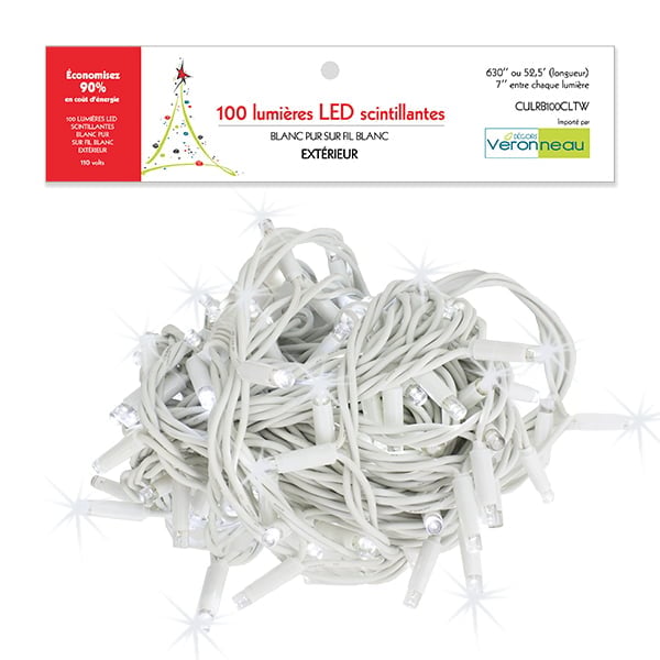 Outdoor 100 Twinkle LED string, pure white, white wire, 52.5' - Décors Véronneau