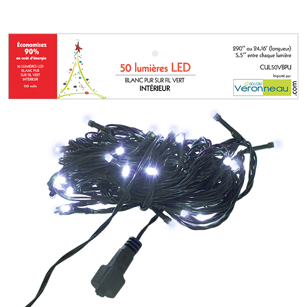 Indoor 50 LED string light, pure white on green wire, 24' - Décors Véronneau