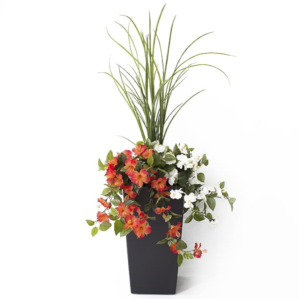 Jardinière extérieure d'hibiscus orange et blanc artificiel, 55