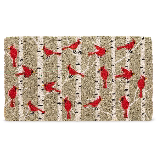 Red cardinals in birch doormat, 18 x 30